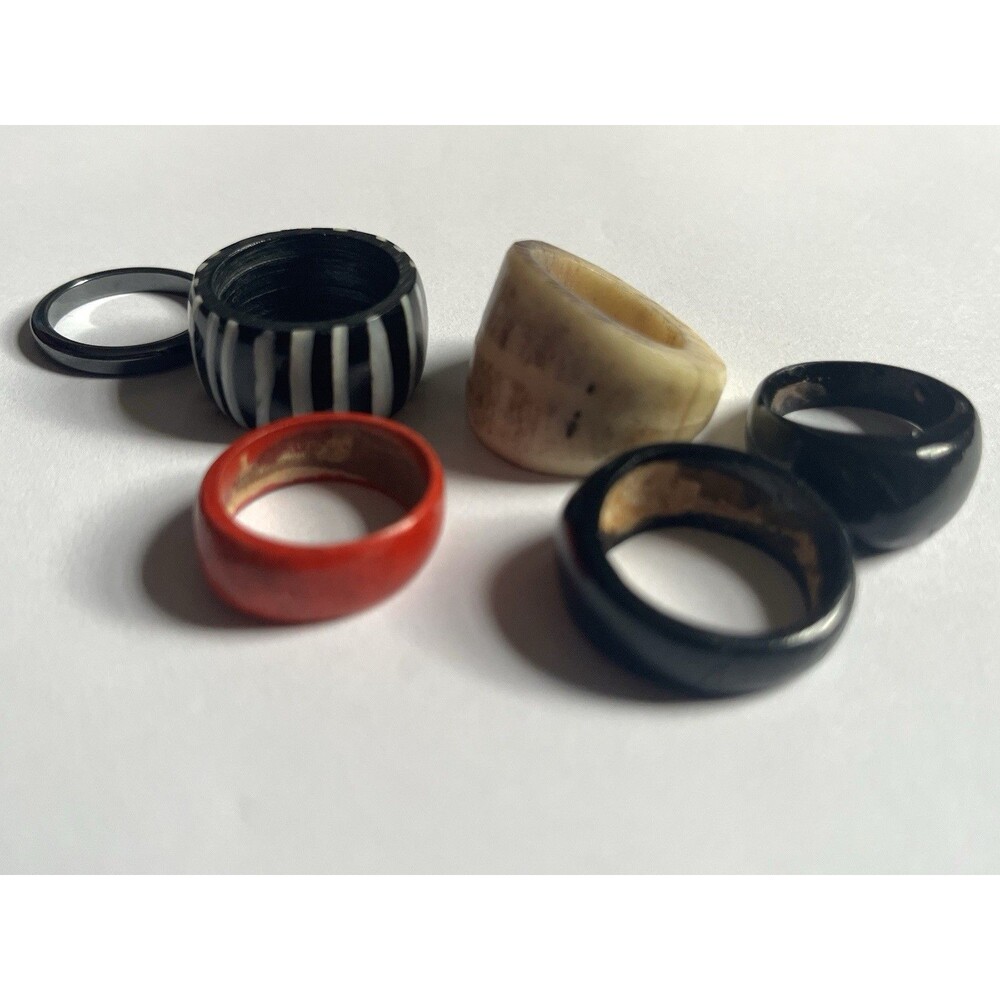 Lot 6 Chunky Statement Rings Retro Modernist Wood Acrylic Black Red Stripe
